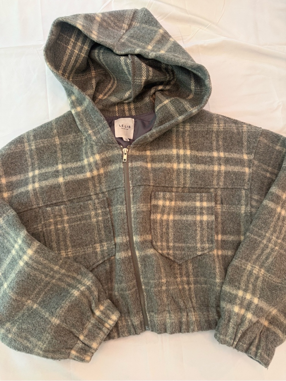Le Lis Green Gray Plaid Hooded Shirt Jacket
